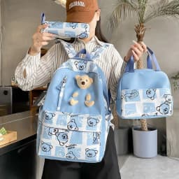 image-Elementary And Middle School Student Schoolbags Women's Cute Bear Lunch Box Three-piece Set