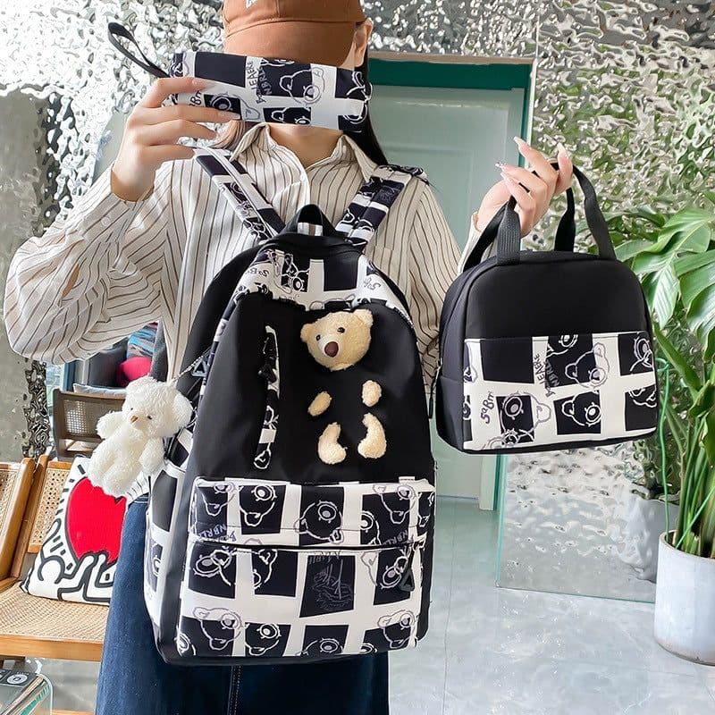 image-Elementary And Middle School Student Schoolbags Women's Cute Bear Lunch Box Three-piece Set