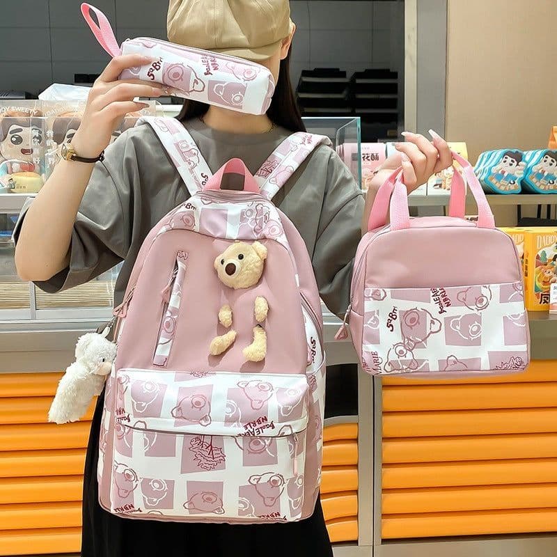 image-Elementary And Middle School Student Schoolbags Women's Cute Bear Lunch Box Three-piece Set