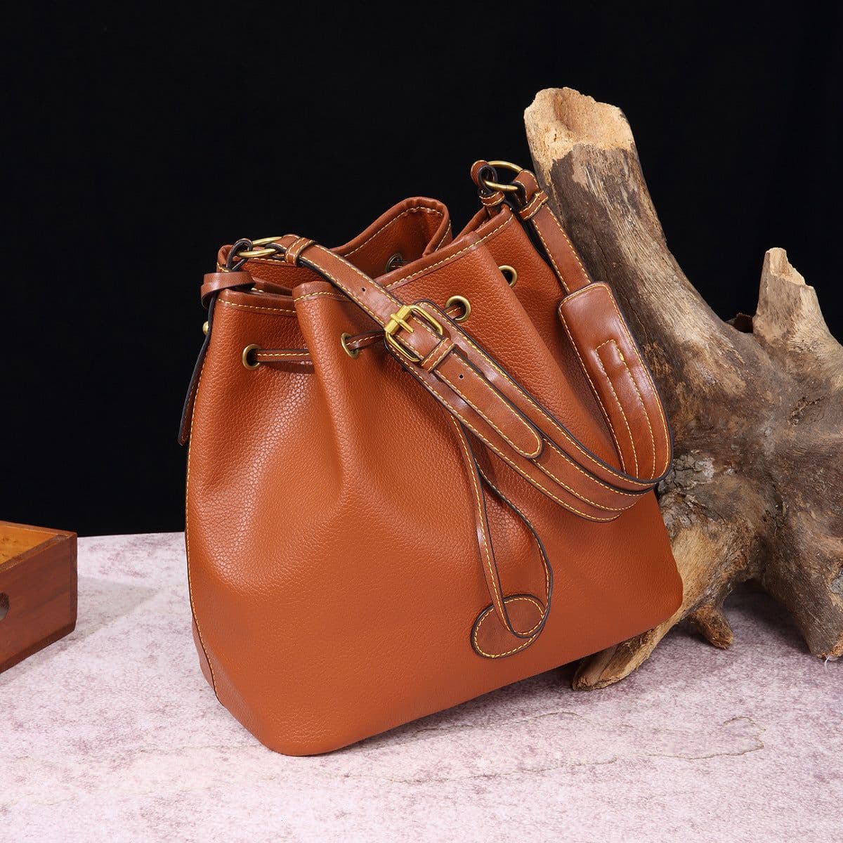 image-Vintage Pebble Lychee Particle Shoulder Handbag