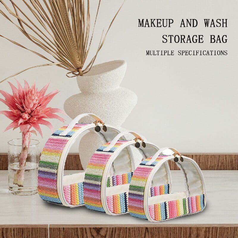 image-Straw Woven Transparent PVC Semicircle Cosmetic Bag Waterproof Rainbow Woven Toiletries Storage Bag