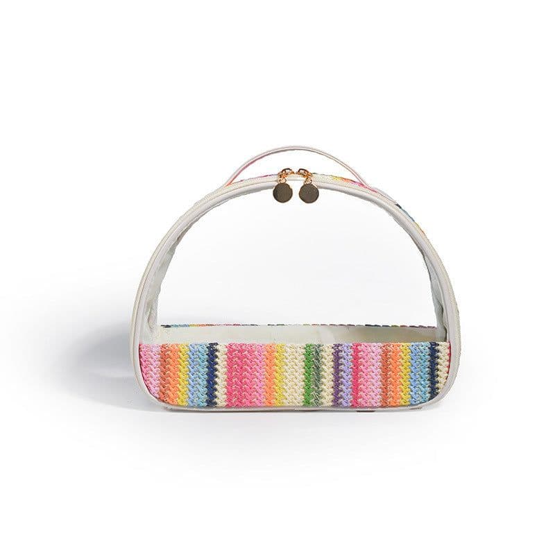 image-Straw Woven Transparent PVC Semicircle Cosmetic Bag Waterproof Rainbow Woven Toiletries Storage Bag