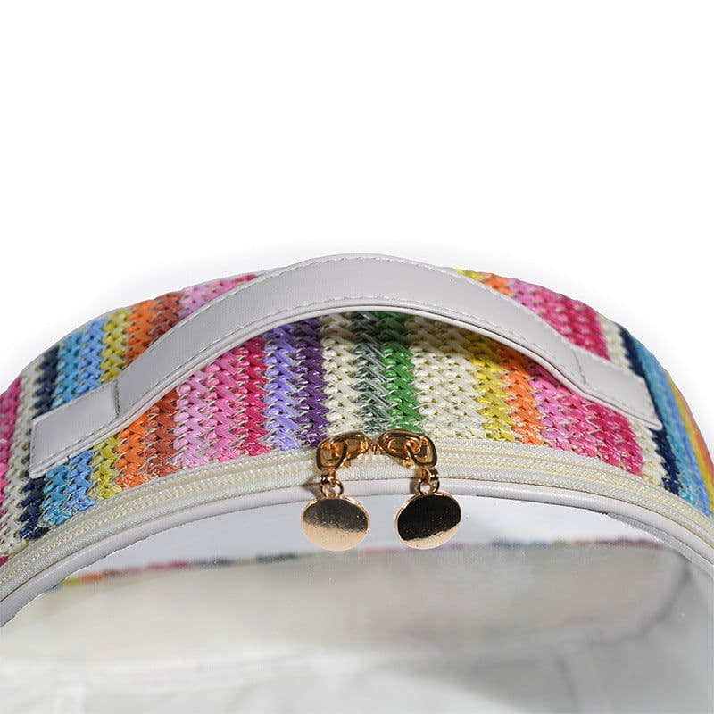 image-Straw Woven Transparent PVC Semicircle Cosmetic Bag Waterproof Rainbow Woven Toiletries Storage Bag