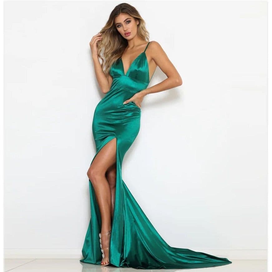 image-V-neck Split Banquet Evening Company Annual Meeting Dress