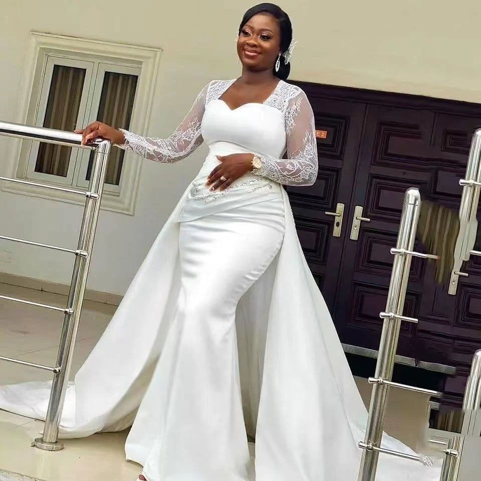 image-Slim High Waist White Satin Party Bridal Wedding Dress
