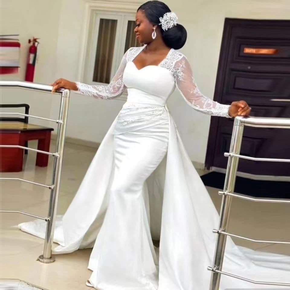 image-Slim High Waist White Satin Party Bridal Wedding Dress