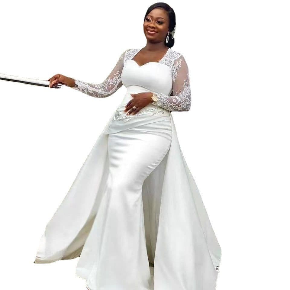 image-Slim High Waist White Satin Party Bridal Wedding Dress