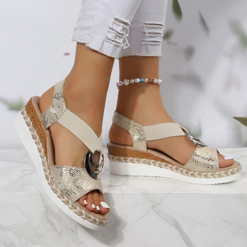 image-Women's Peep Toe Serpentine Wedges Sandals With Circle Design Casual Summer Shoes