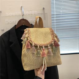 image-Western Style Travel Women's Straw Backpack Bohemian Style Tassel Bag