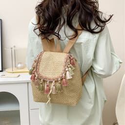 image-Western Style Travel Women's Straw Backpack Bohemian Style Tassel Bag