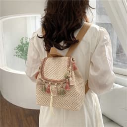 image-Western Style Travel Women's Straw Backpack Bohemian Style Tassel Bag