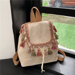 image-Western Style Travel Women's Straw Backpack Bohemian Style Tassel Bag