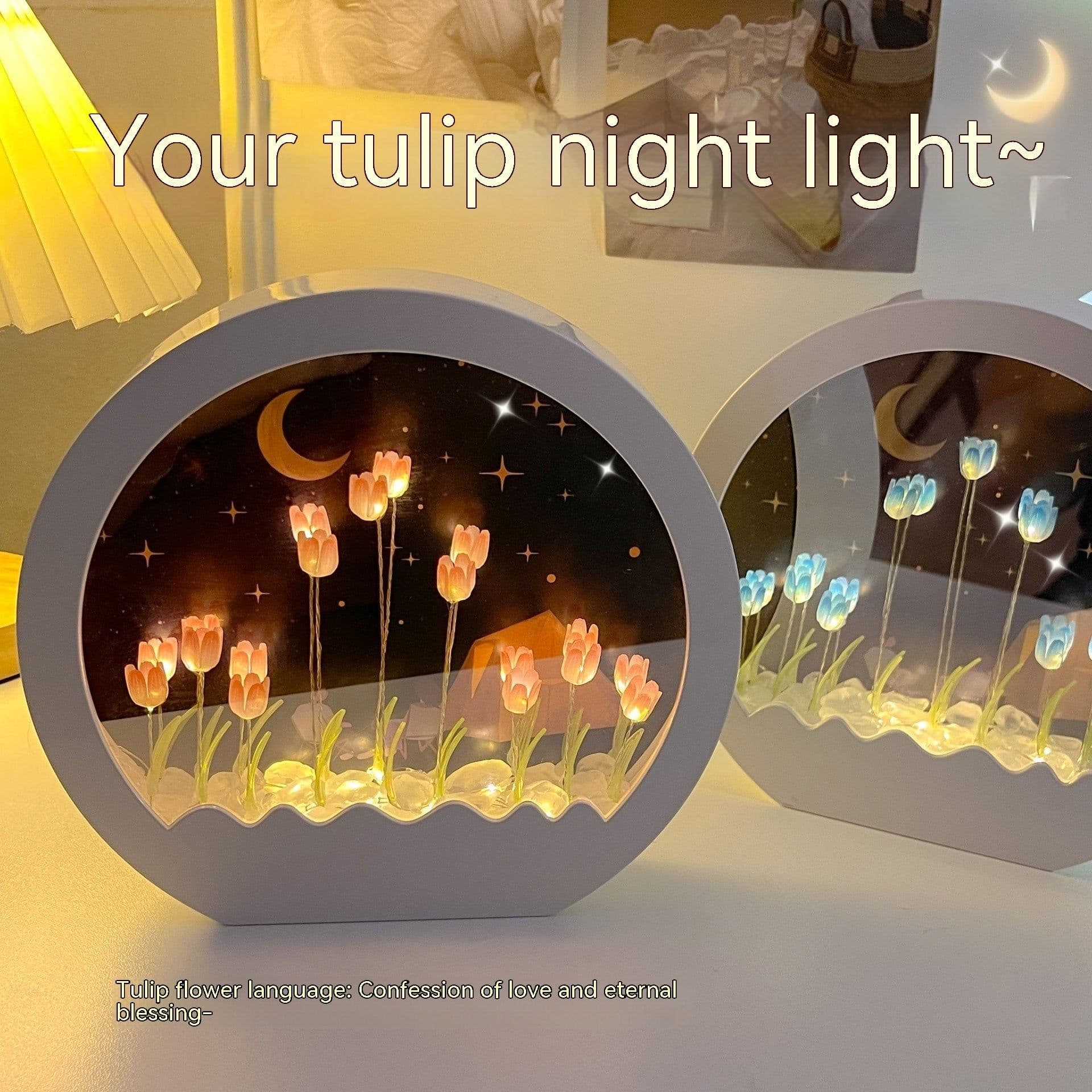 image-Tulip Rose Small Night Lamp Diy Handmade Mirror Flower Sea Bouquet Gift