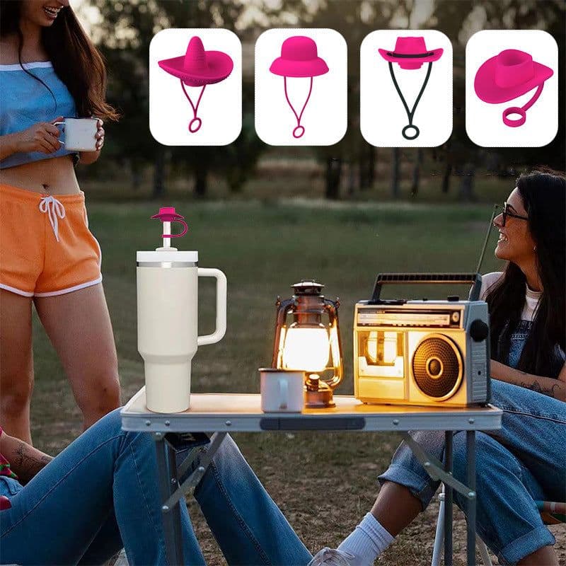image-New Style Straw Covers Cap Novelty Sturdy Straw Toppers Reusable Cowboy Hat Shaped For Camping Home Hiking Picnic Kitchen