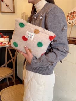 image-Winter Plush Color Polka Dot Large Capacity Travel Skincare Cosmetic Storage Bag