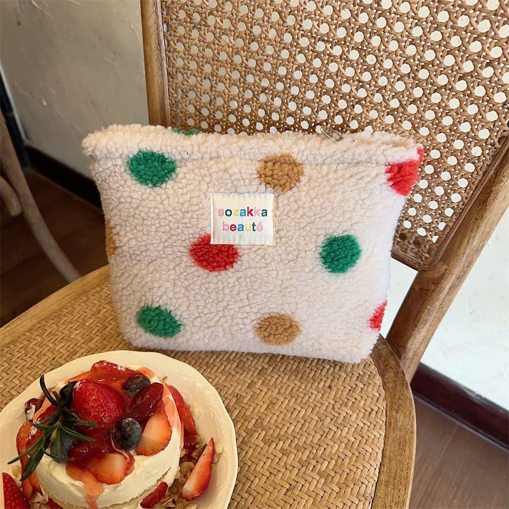 image-Winter Plush Color Polka Dot Large Capacity Travel Skincare Cosmetic Storage Bag