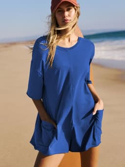 image-Women's Loose Short-sleeved Shorts Jumpsuit Summer Casual Backless Beach Overall Pants With Pockets