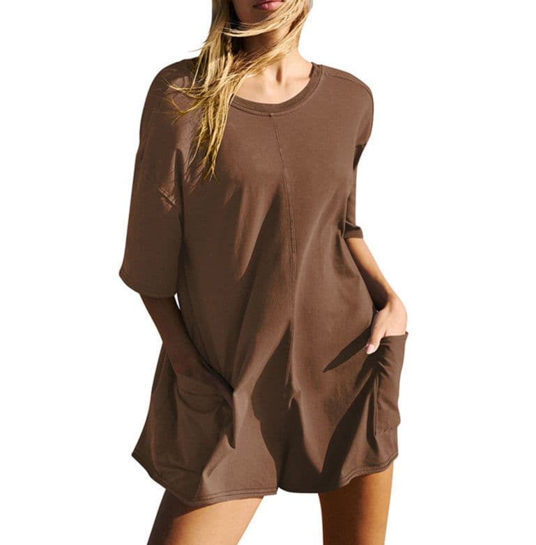 image-Women's Loose Short-sleeved Shorts Jumpsuit Summer Casual Backless Beach Overall Pants With Pockets