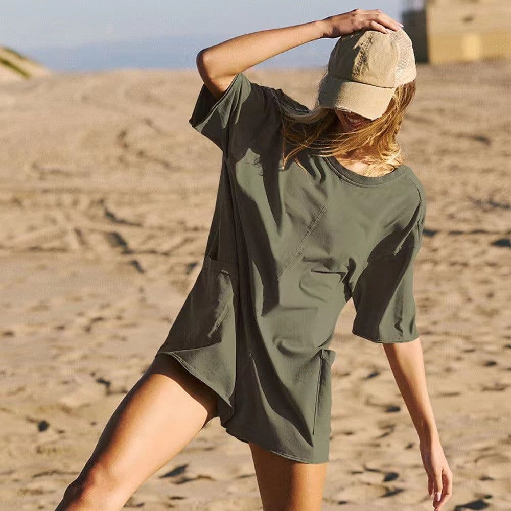 image-Women's Loose Short-sleeved Shorts Jumpsuit Summer Casual Backless Beach Overall Pants With Pockets