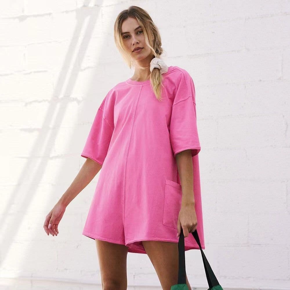 image-Women's Loose Short-sleeved Shorts Jumpsuit Summer Casual Backless Beach Overall Pants With Pockets