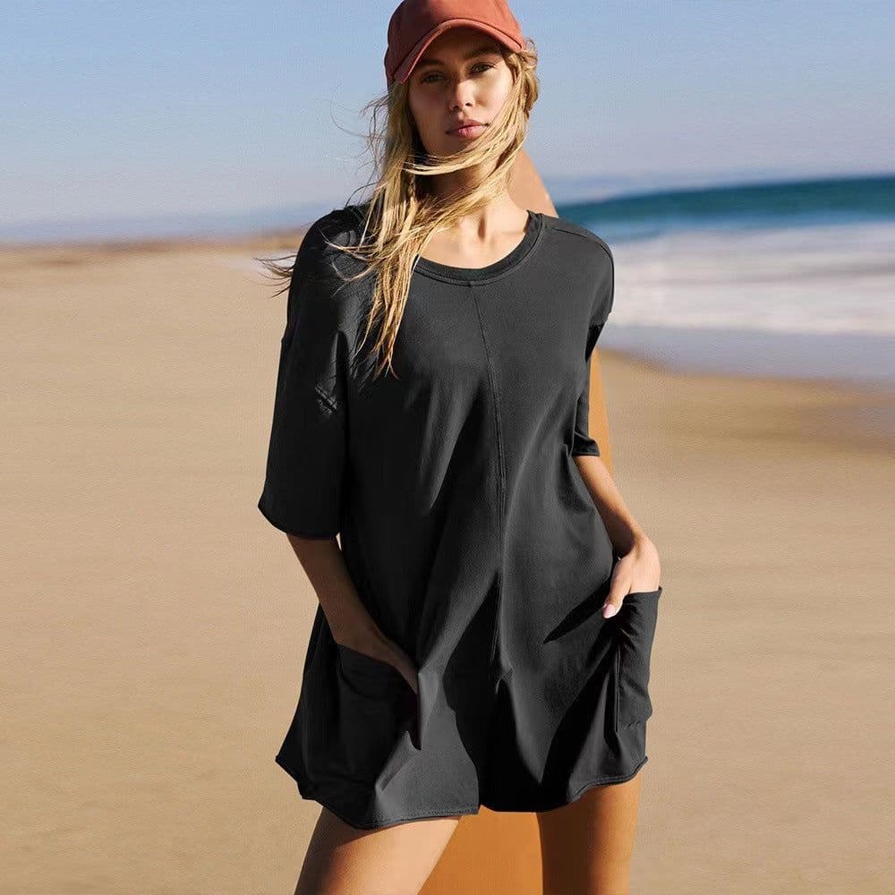 image-Women's Loose Short-sleeved Shorts Jumpsuit Summer Casual Backless Beach Overall Pants With Pockets
