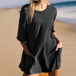image-Women's Loose Short-sleeved Shorts Jumpsuit Summer Casual Backless Beach Overall Pants With Pockets