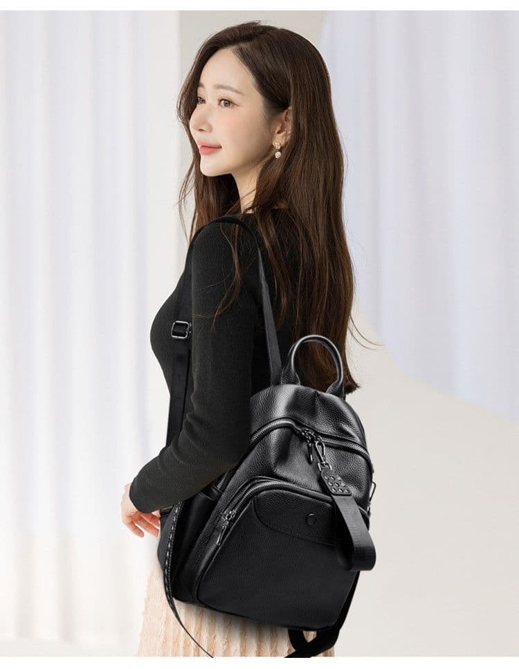 image-Korean Style Fashionable Large Capacity Preppy Style First Layer Cowhide Travel Backpack
