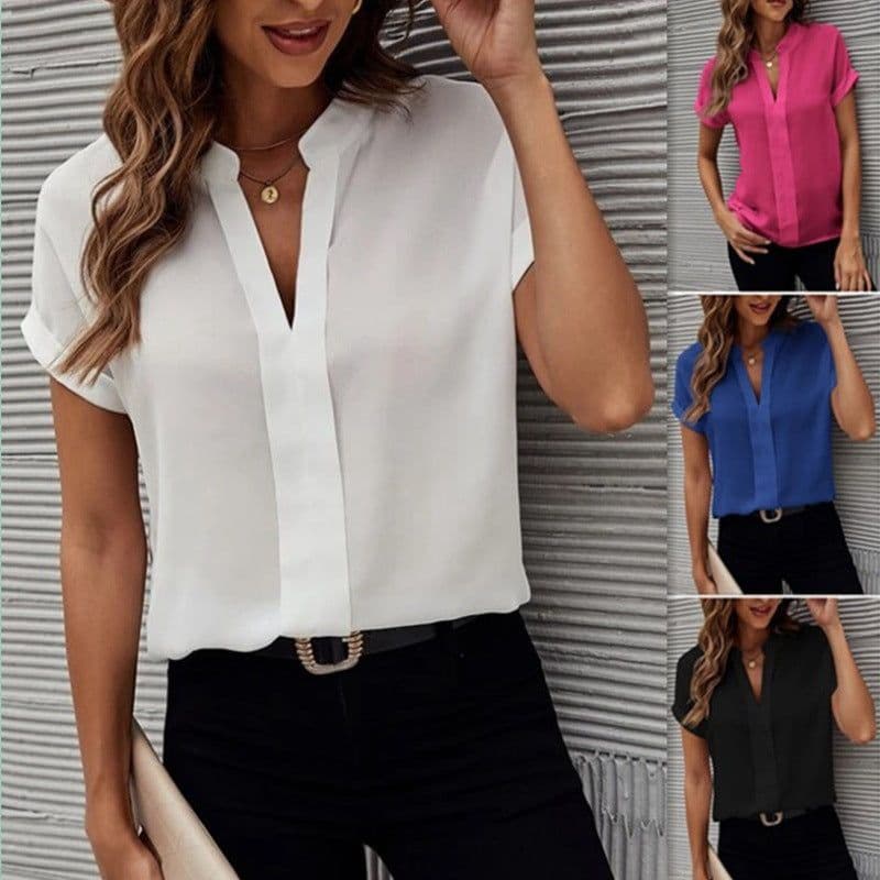 image-Women's Short-sleeved V-neck Shirt Summer Casual Solid Color Shirt Fashion Womens Clothing