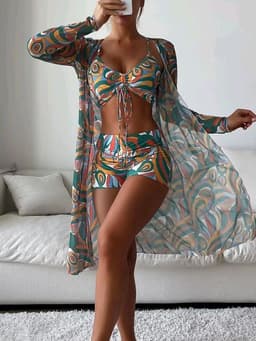 image-3pcs Pring Bikini With Long Sleeve Cardigan Fashion Summer Beach Swimsuit Women