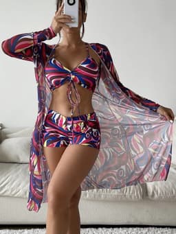 image-3pcs Pring Bikini With Long Sleeve Cardigan Fashion Summer Beach Swimsuit Women