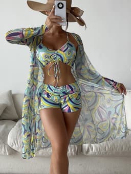 image-3pcs Pring Bikini With Long Sleeve Cardigan Fashion Summer Beach Swimsuit Women