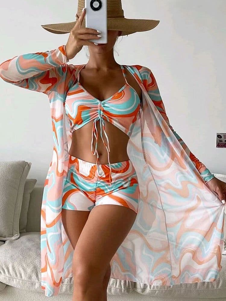 image-3pcs Pring Bikini With Long Sleeve Cardigan Fashion Summer Beach Swimsuit Women