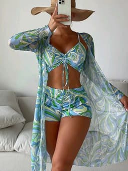 image-3pcs Pring Bikini With Long Sleeve Cardigan Fashion Summer Beach Swimsuit Women