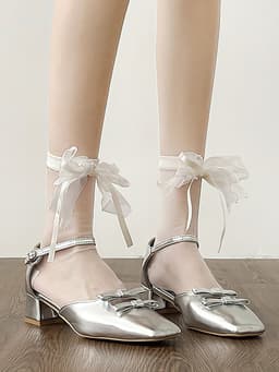 image-Ribbon Bow Tube Socks Lace Floral Border Mesh Socks