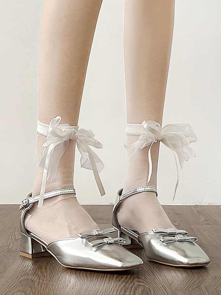 image-Ribbon Bow Tube Socks Lace Floral Border Mesh Socks