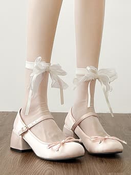 image-Ribbon Bow Tube Socks Lace Floral Border Mesh Socks