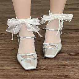 image-Ribbon Bow Tube Socks Lace Floral Border Mesh Socks