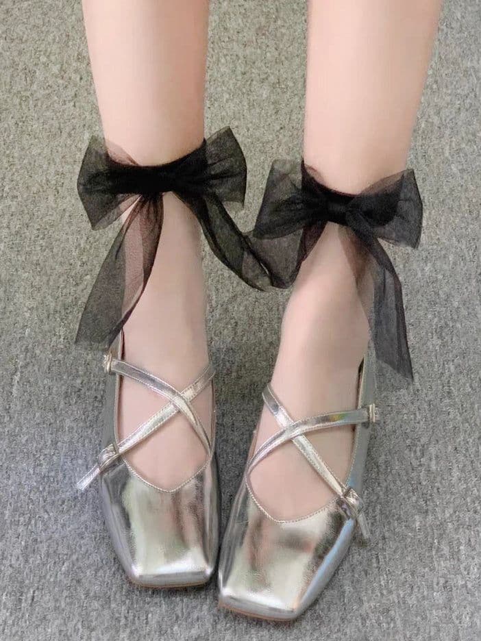 image-Ribbon Bow Tube Socks Lace Floral Border Mesh Socks