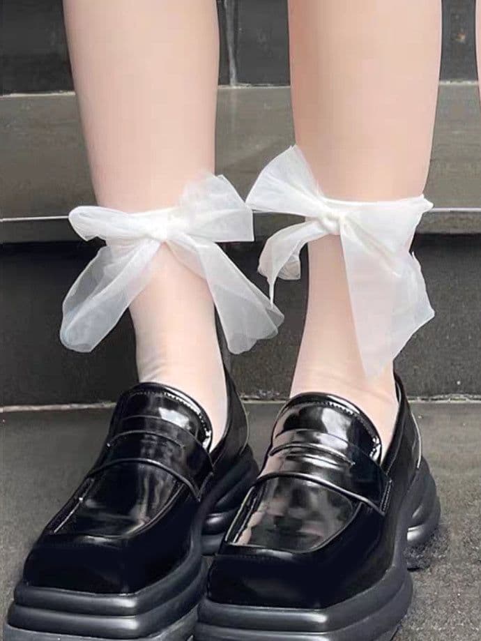 image-Ribbon Bow Tube Socks Lace Floral Border Mesh Socks