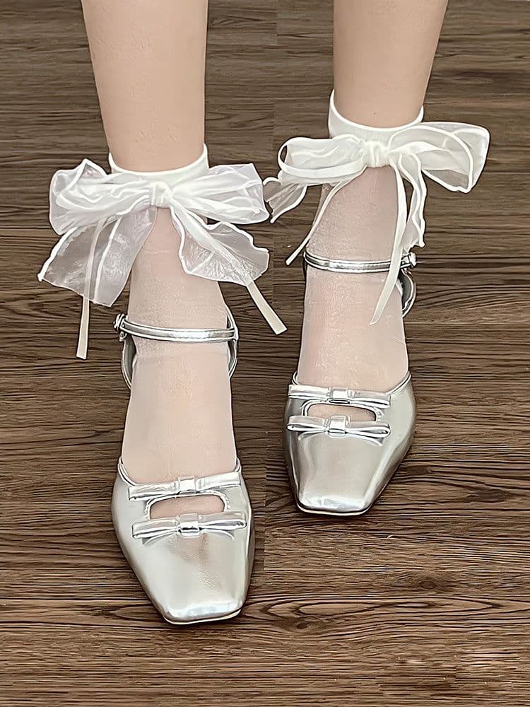 image-Ribbon Bow Tube Socks Lace Floral Border Mesh Socks