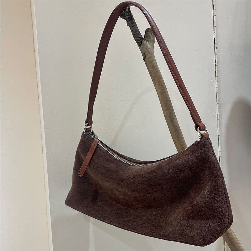 image-Niche Suede Underarm Baguette Retro Matte Top-grain Leather Shoulder Bag Handbag