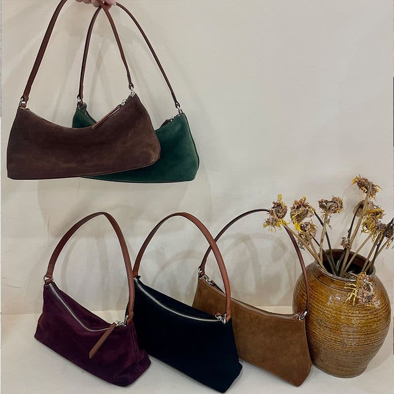 image-Niche Suede Underarm Baguette Retro Matte Top-grain Leather Shoulder Bag Handbag