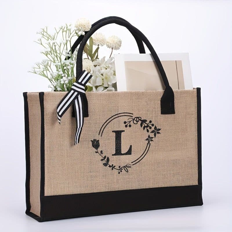 image-Large Capacity Portable Printing Initial Letter Jute Linen Shopping Bag