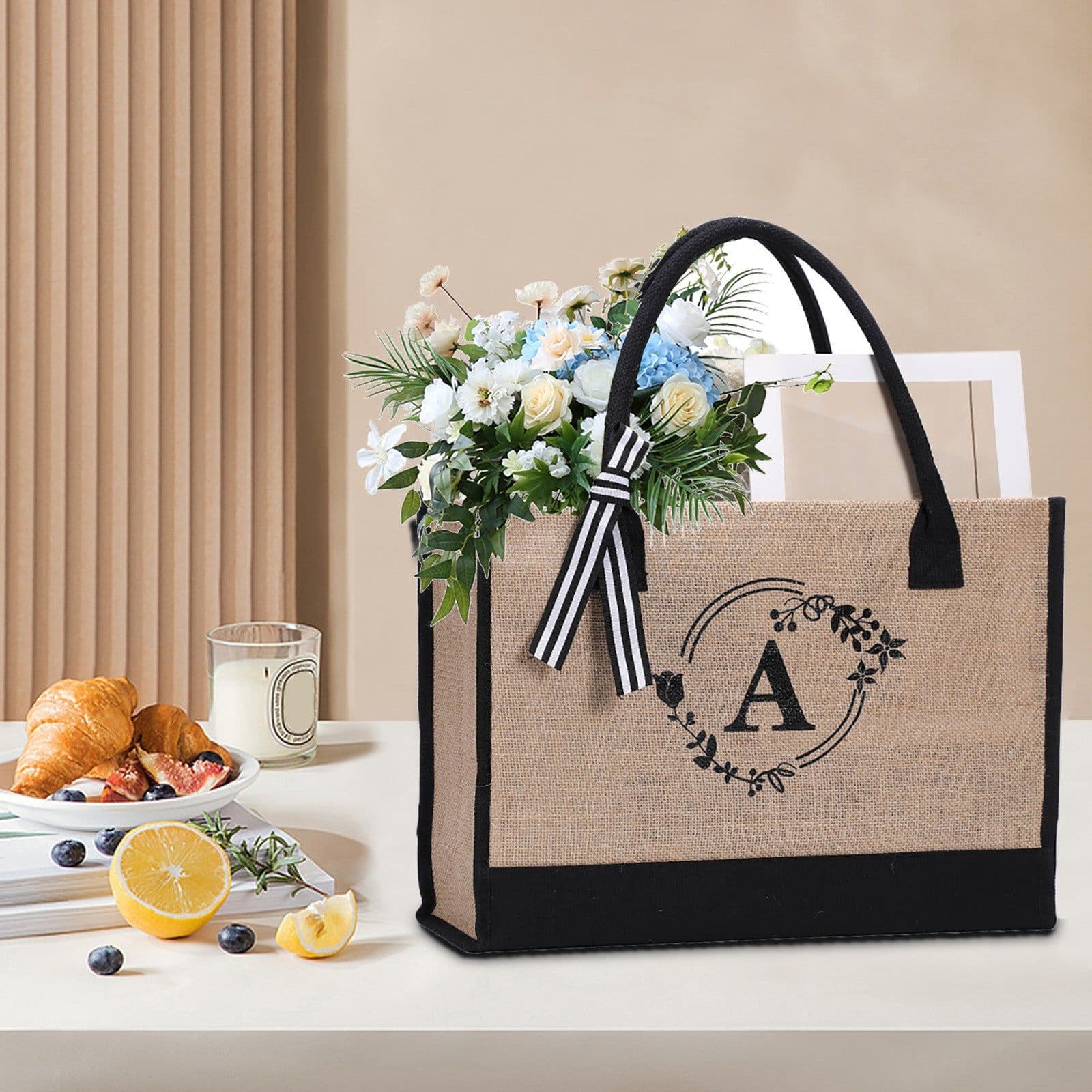 image-Large Capacity Portable Printing Initial Letter Jute Linen Shopping Bag