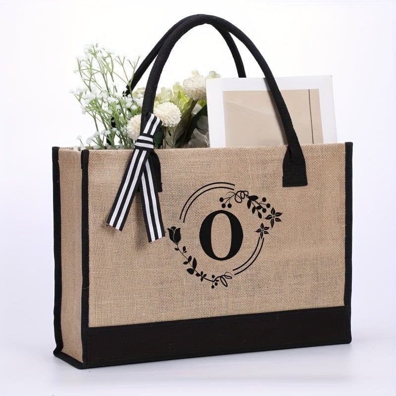 image-Large Capacity Portable Printing Initial Letter Jute Linen Shopping Bag