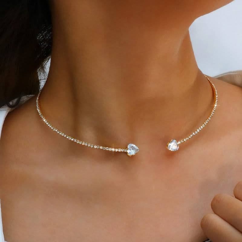 image-Fashion Jewelry Rhinestone Heart Collar Choker Necklace For Women Silver Color Simple Open Collar Necklace Torques Jewelry Accessories