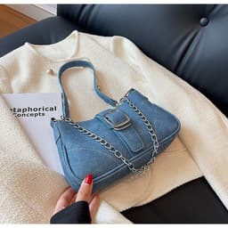 image-Denim French Stick Bag Autumn And Winter Advanced New Popular Blue Retro American Style