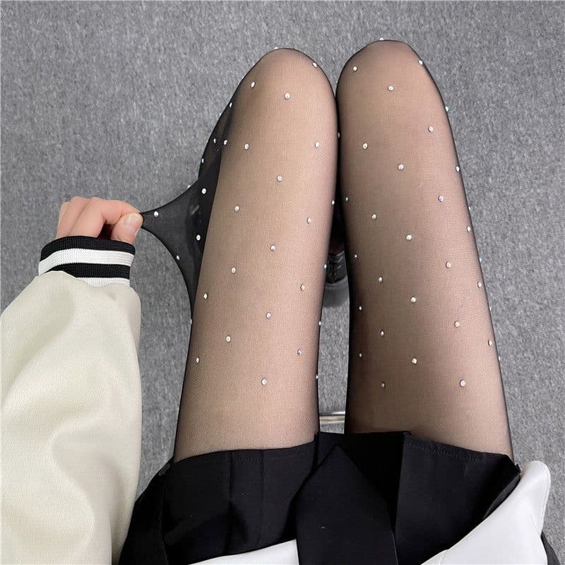 image-Black With Diamond Silk Screen Red Shiny Rhinestone Pantyhose Thin Anti-hook Arbitrary Cut