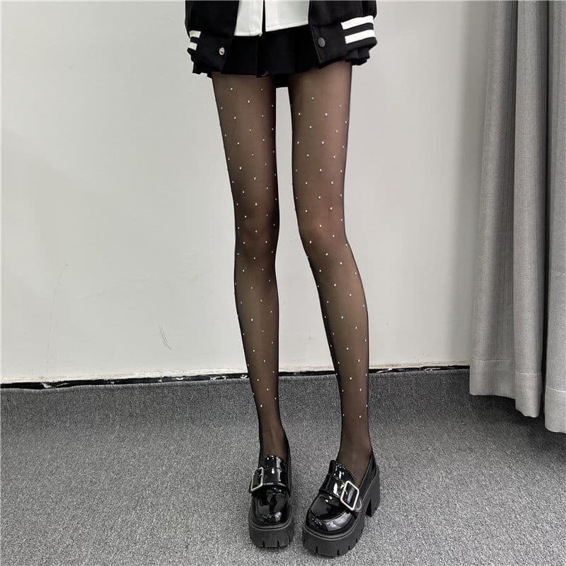 image-Black With Diamond Silk Screen Red Shiny Rhinestone Pantyhose Thin Anti-hook Arbitrary Cut