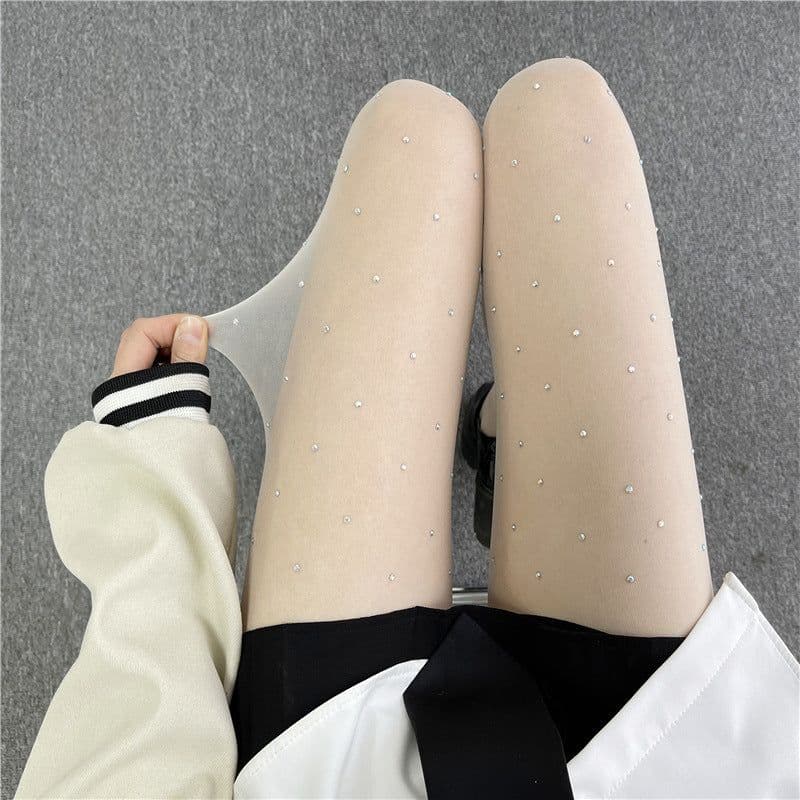 image-Black With Diamond Silk Screen Red Shiny Rhinestone Pantyhose Thin Anti-hook Arbitrary Cut